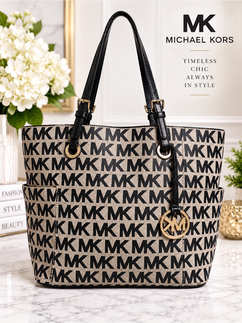 Michael Kors Monogram Black and Tan Tote